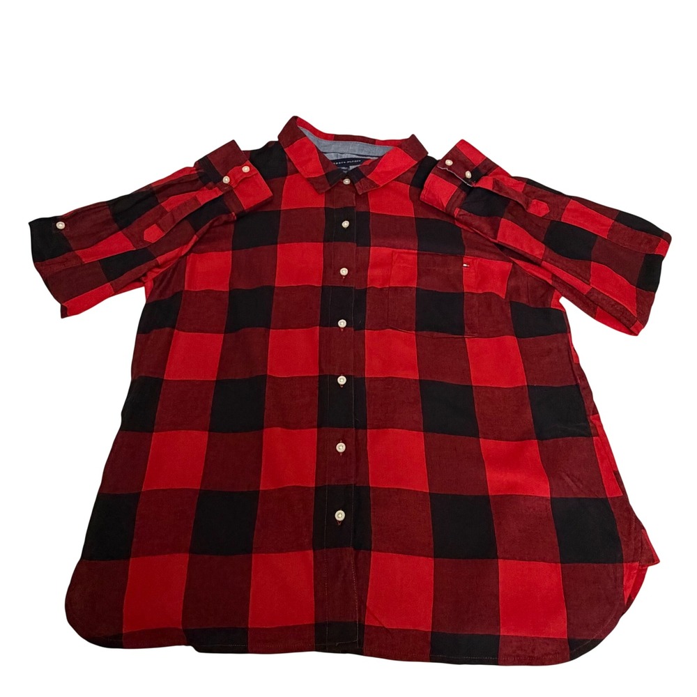 Tommy Hilfiger Womens XL Red Black Buffalo Plaid Cotton Button Down Shirt Rustic